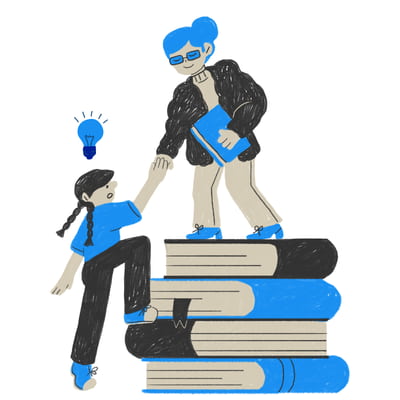 Ilustracion que representa a docente elevando las competencias clave de su alumna gracias a la aplicación de metodologías innovadoras