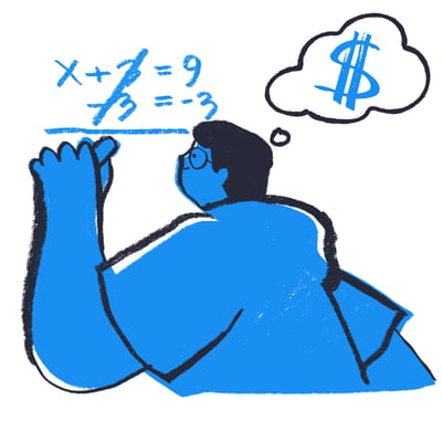 Ilustración de persona resolviendo un problema matemático y pensando en el premio monetario