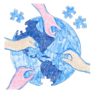 Identidad representada como manos que conforman un puzzle que es el mundo